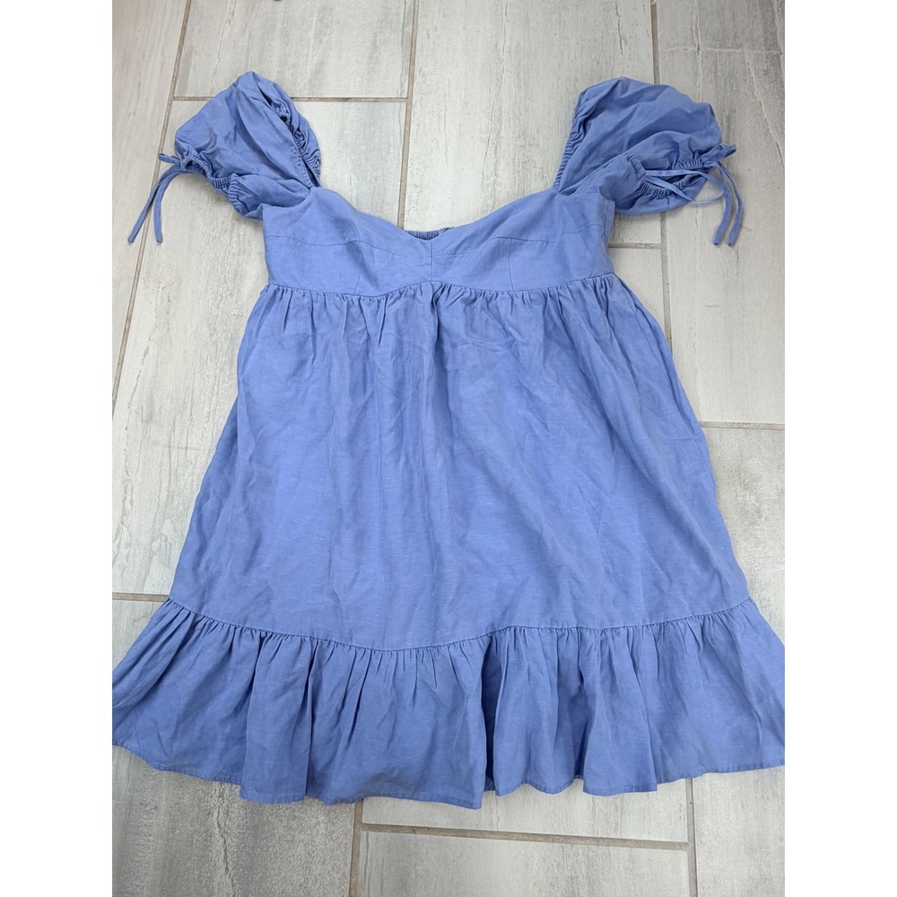 Gianni Bini Blue Lyocell Linen Puff Sleeve Babydoll Mini Dress Womens 6